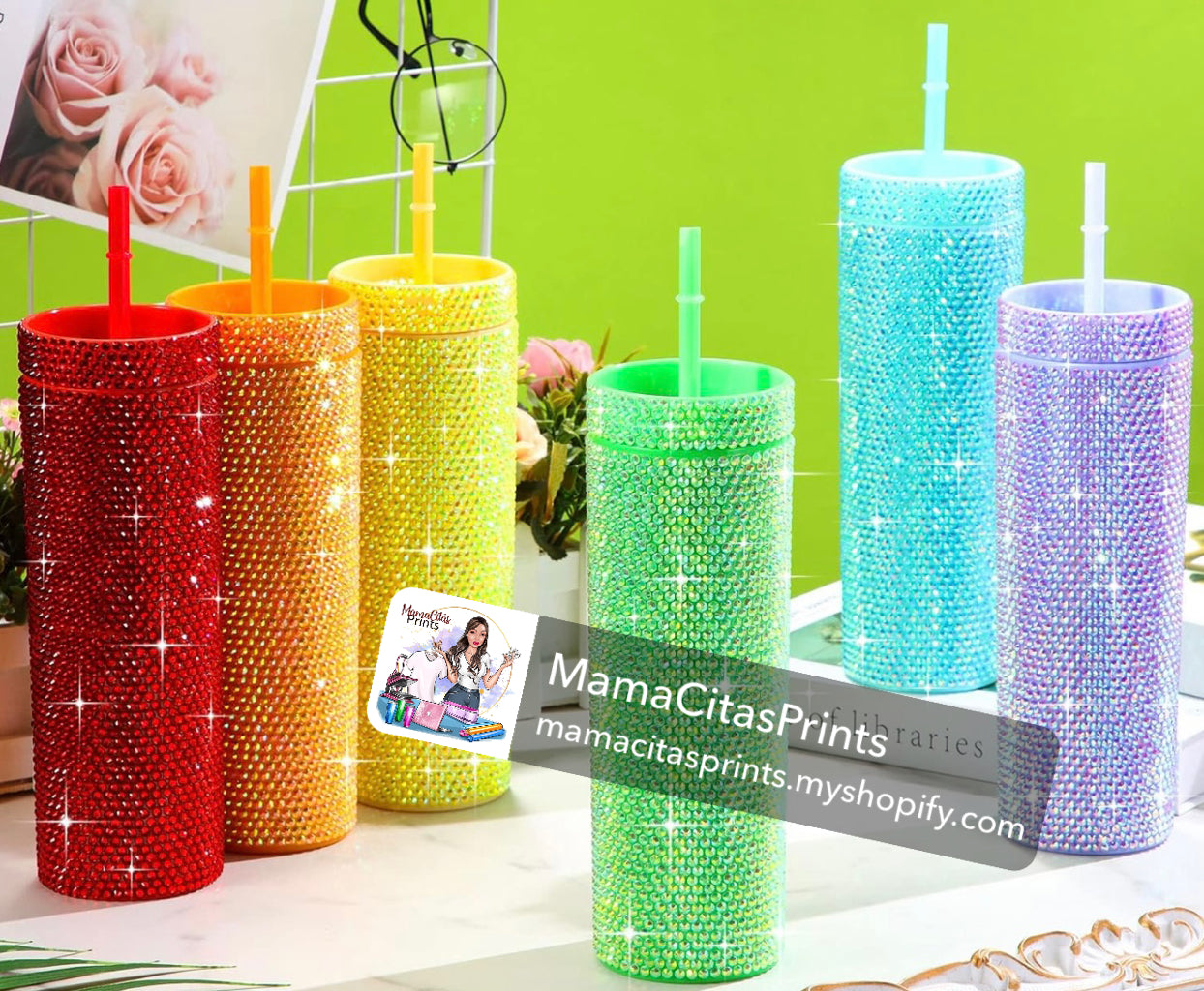 BLING studded tumbler with straw