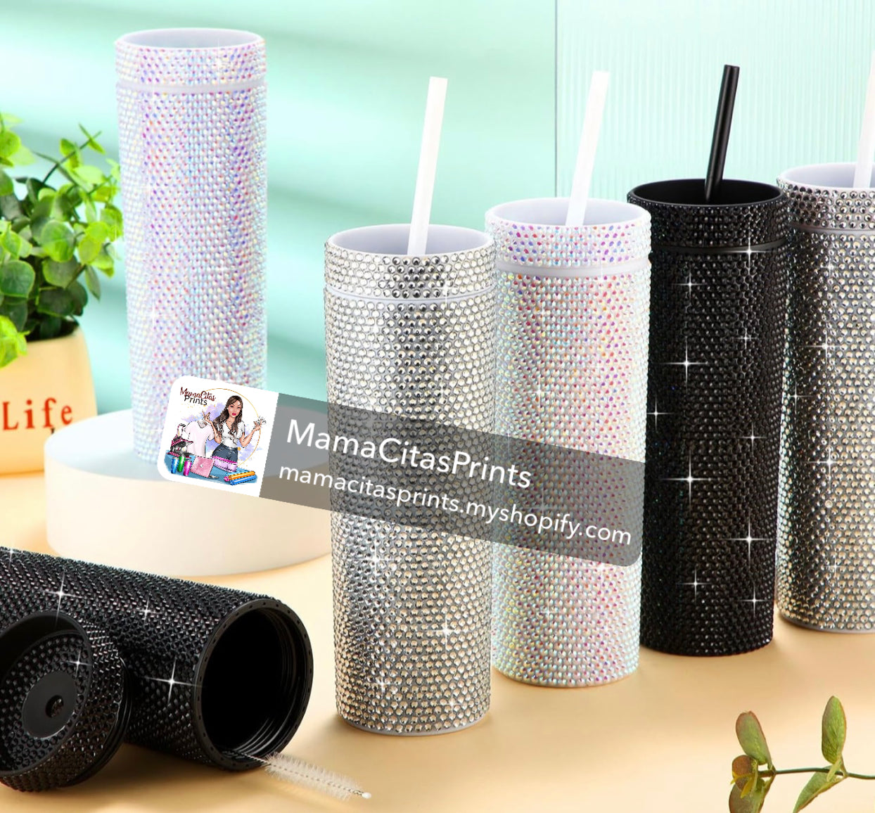 Beautiful BLING STUDDED TUMBLER with straw