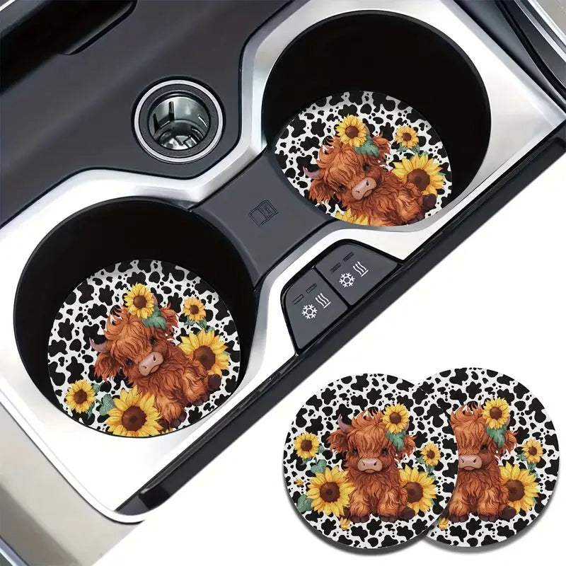 SUNFLOWER COW 2PC CAR COASTERS